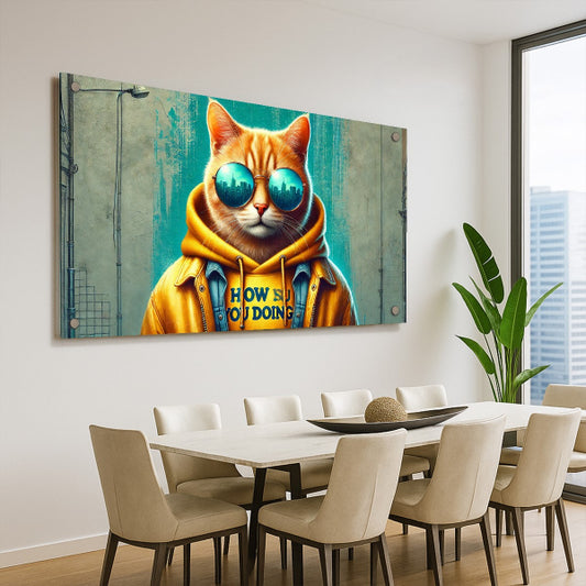 תמונת זכוכית של חתול עם סווטשירט צהוב ומשקפי שמש על רקע אורבני