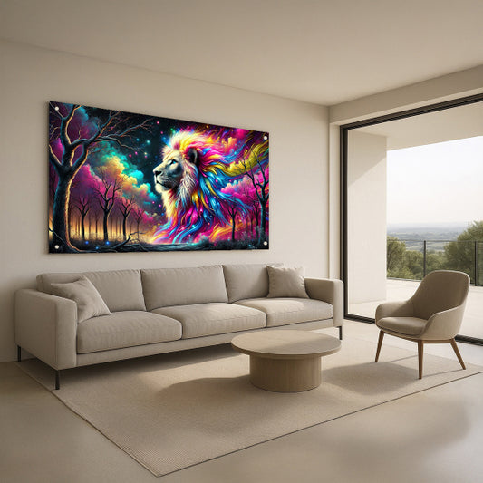 האריה הקוסמי בליל הצבעים - תמונת זכוכית יוקרתית לסלון