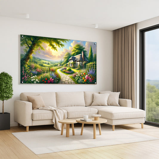 שביל כפרי וגן פורח ליד בקתת עץ – תמונות זכוכית לבית