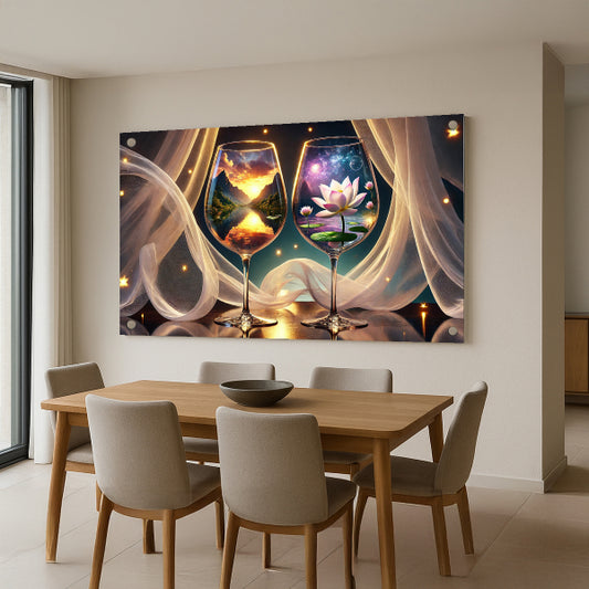 תמונה דקורטיבית על זכוכית של שני גביעי יין עם נוף ולוטוס