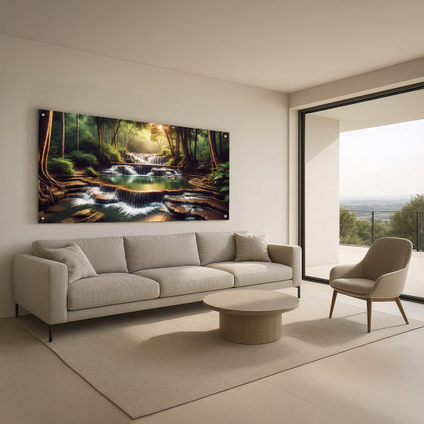תמונות זכוכית מעוצבות - מפל מים ויער ירוק באור טבעי