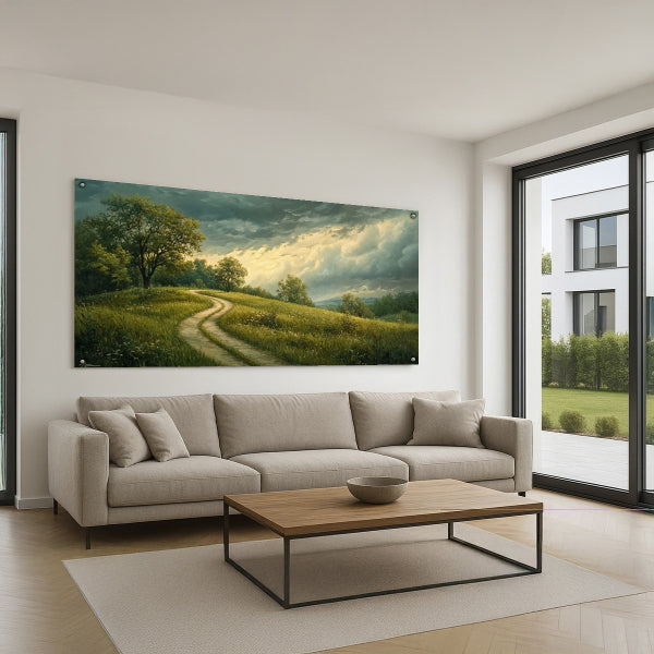 תמונות נוי לבית - שביל ירוק בין גבעות תחת שמיים דרמטיים