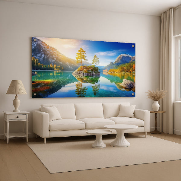 תמונת נוי של אגם הרים רגוע בשקיעה עם עצים משתקפים במים