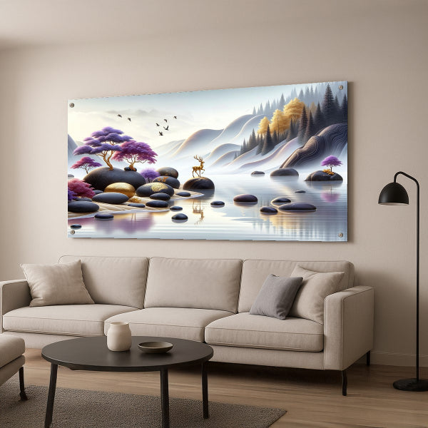 איילים ליד אגם הרים קסום בגווני סגול וזהב – תמונות זכוכית לסלון