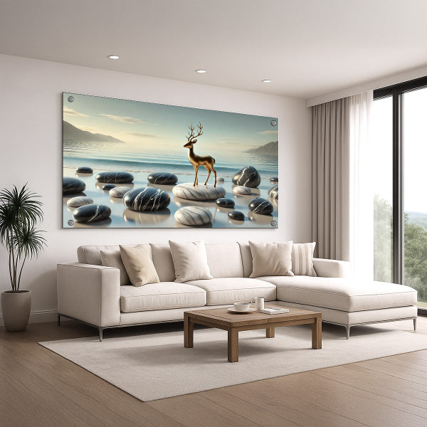 תמונת זכוכית אייל על רקע ים רגוע ואבנים שחורות ולבנות – תמונות זכוכית לבית