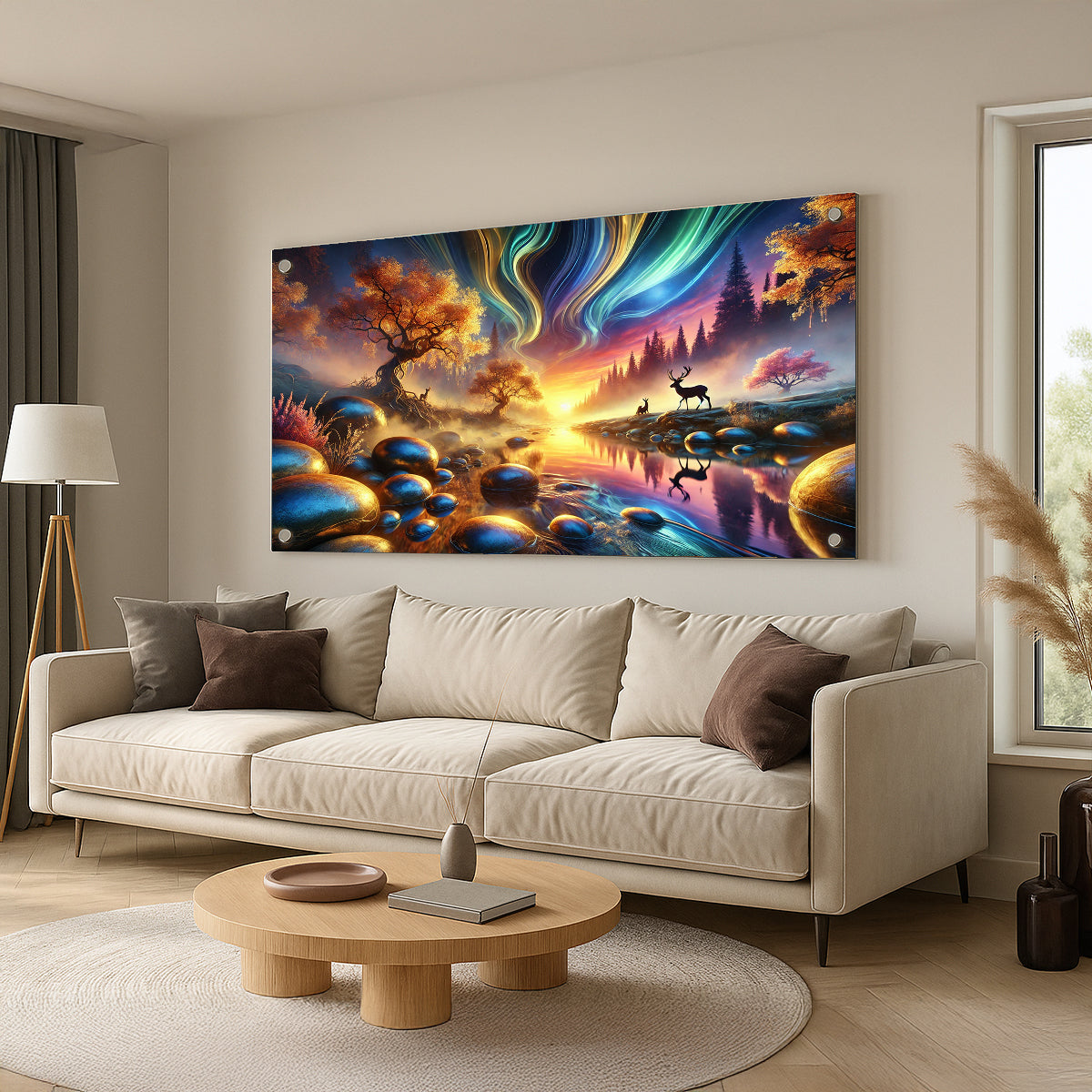 איילים בנוף שקיעה צבעוני עם עצים ואבנים מבריקות – תמונות זכוכית יוקרתיות לבית