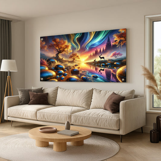 איילים בנוף שקיעה צבעוני עם עצים ואבנים מבריקות – תמונות זכוכית יוקרתיות לבית