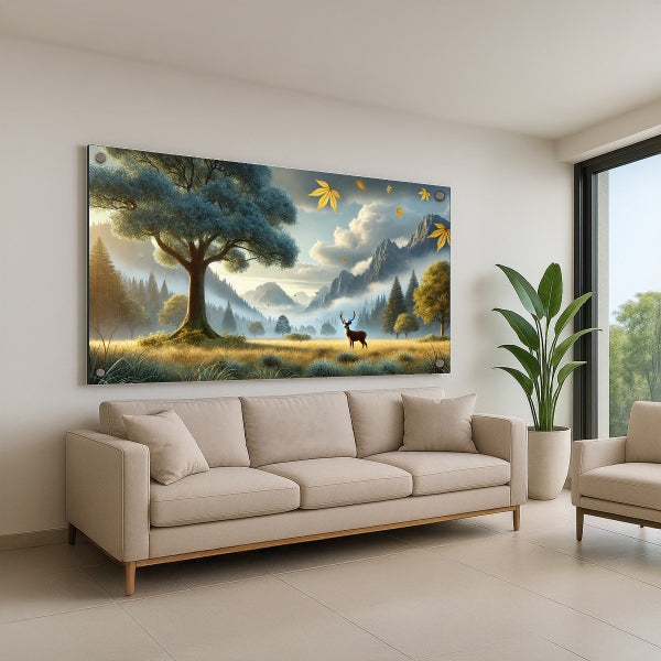 תמונת זכוכית אייל תחת עץ גדול בנוף הררי קסום – תמונות זכוכית לבית