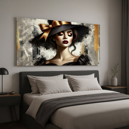 דיוקן נשי עם כובע שחור זהב – הדפסה על זכוכית