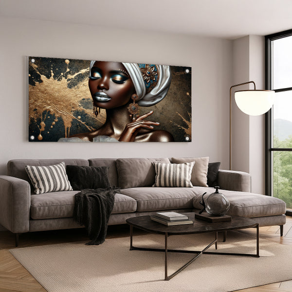 דיוקן נשי אלגנטי בגווני זהב וברונזה - תמונת זכוכית יוקרתית לעיצוב הבית