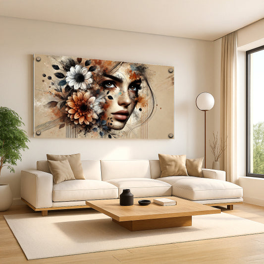 דיוקן נשי עם פרחים בגוונים חמים - תמונת זכוכית אלגנטית לבית