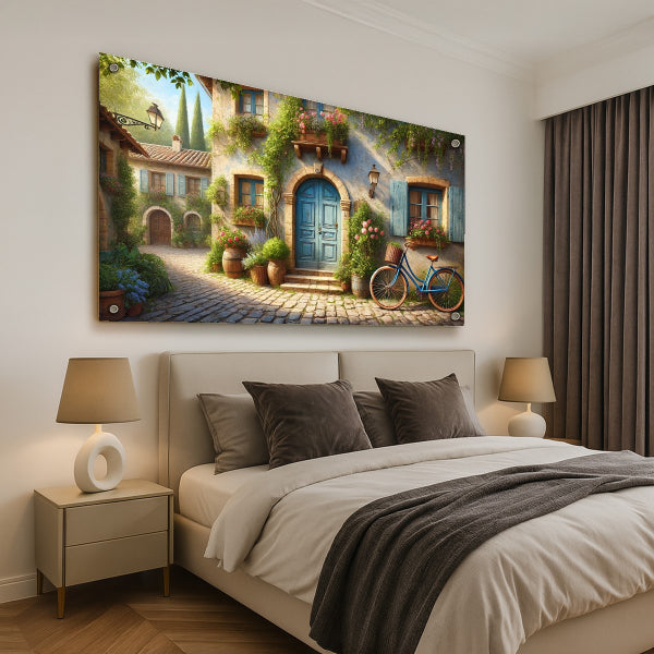רחוב אירופאי ציורי עם דלת כחולה ואופניים – תמונות זכוכית לבית