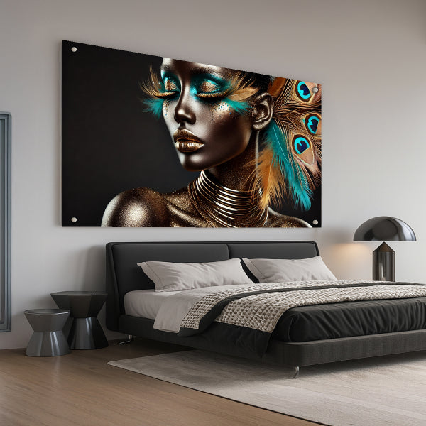 דיוקן נשי עם נוצות טווס – תמונות זכוכית