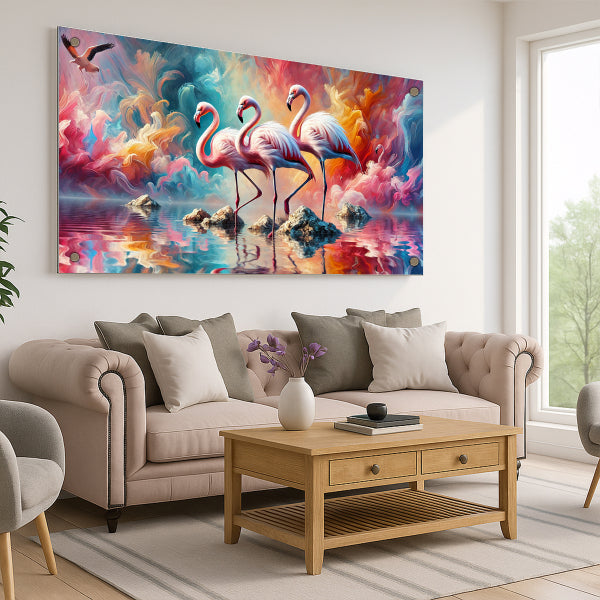 תמונת זכוכית של שלושה פלמינגו באגם צבעוני בשקיעה אומנותית