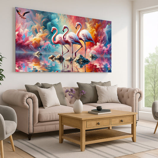 תמונת זכוכית של שלושה פלמינגו באגם צבעוני בשקיעה אומנותית