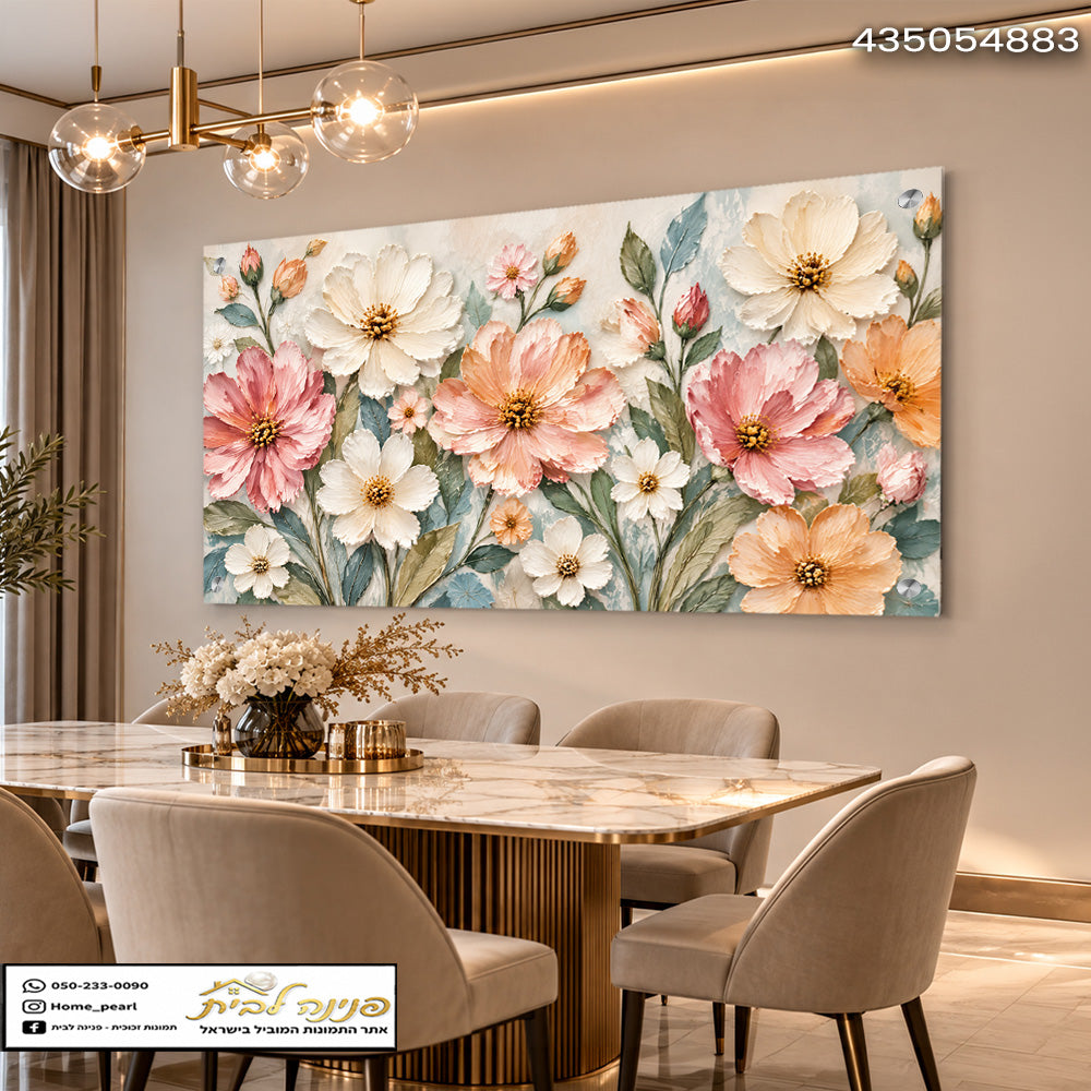תמונות זכוכית - זר פרחים פסטלי בצבעי אפרסק ורוד תמונות זכוכית לסלון תמונות לבית תמונות קיר הדפסה על זכוכית