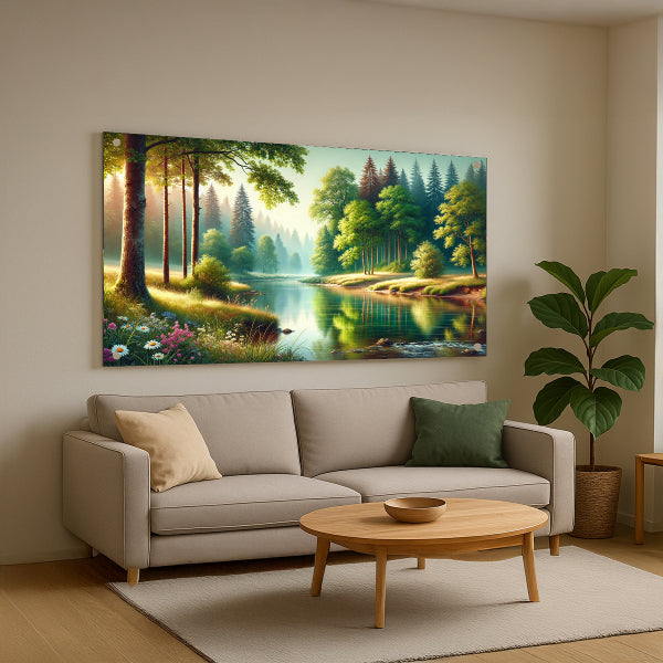 נוף יער רגוע על שפת האגם – תמונות זכוכית לבית