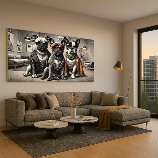 תמונת זכוכית של שלושה בולדוגים מעוצבים עם משקפי שמש ולבוש יוקרתי – עיצוב מודרני ומלא שיק