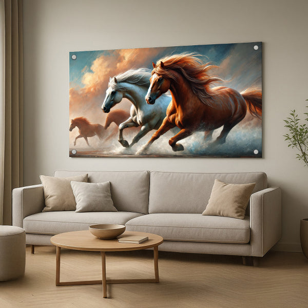 סוסים דוהרים בשקיעה – תמונות לבית בעיצוב יוקרתי