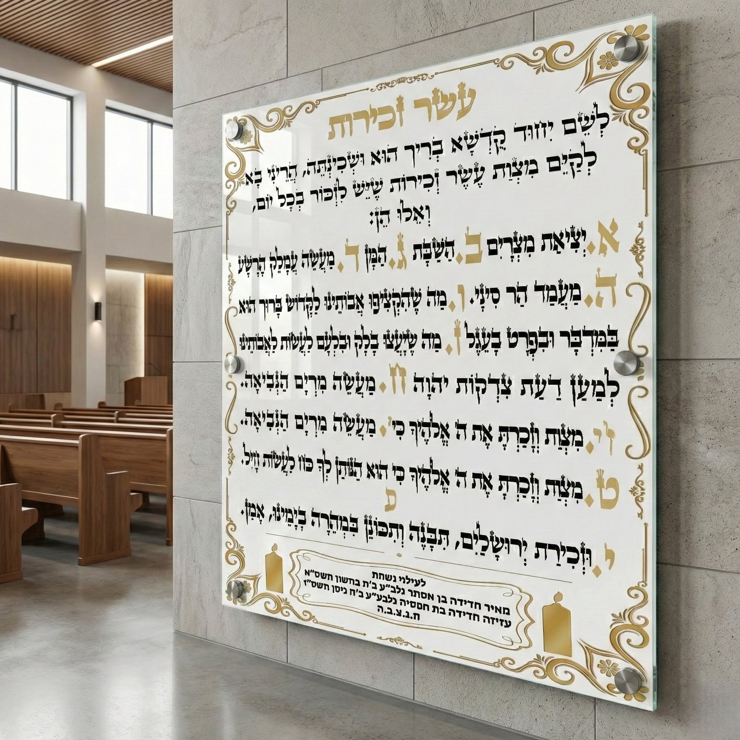 תמונות זכוכית - עשר זכירות עם עיטורי זהב וטקסט עברי אלגנטי תמונות זכוכית לסלון תמונות לבית תמונות קיר הדפסה על זכוכית