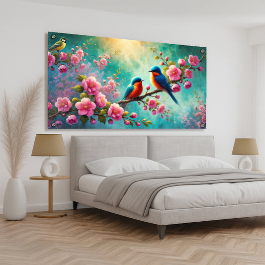 תמונת זכוכית ציפורים ופריחה אביבית