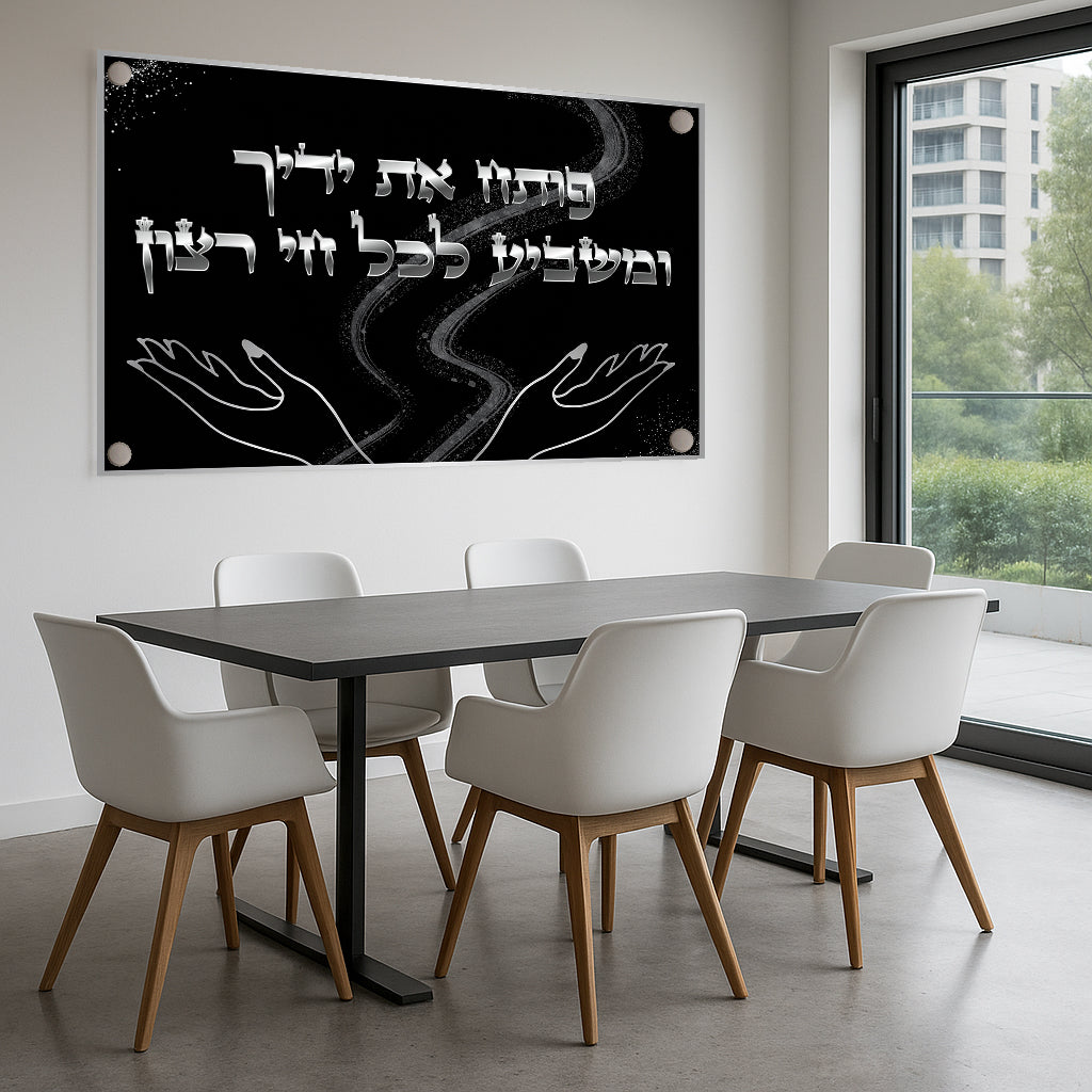 ברכת פותח את ידיך בעיצוב שחור עם שבילי אור עדינים – תמונת זכוכית מודרנית