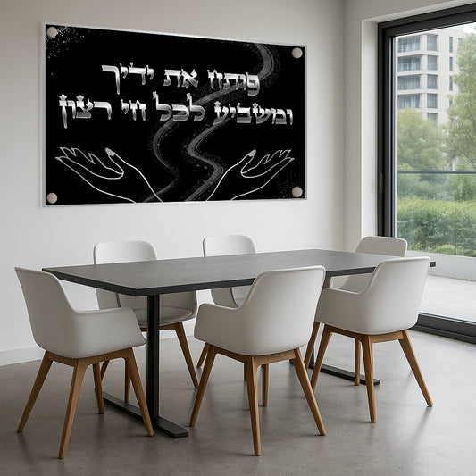 ברכת פותח את ידיך בעיצוב שחור עם שבילי אור עדינים – תמונת זכוכית מודרנית