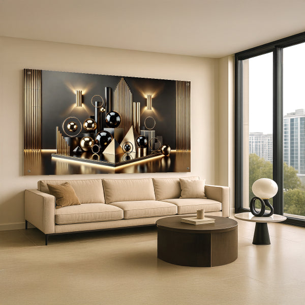 תמונת זכוכית שחור וזהב בעיצוב מודרני ויוקרתי – תאורה דרמטית ומראה אומנותי