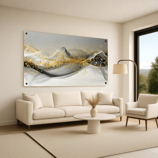 הדפסה על זכוכית גלים שחור זהב