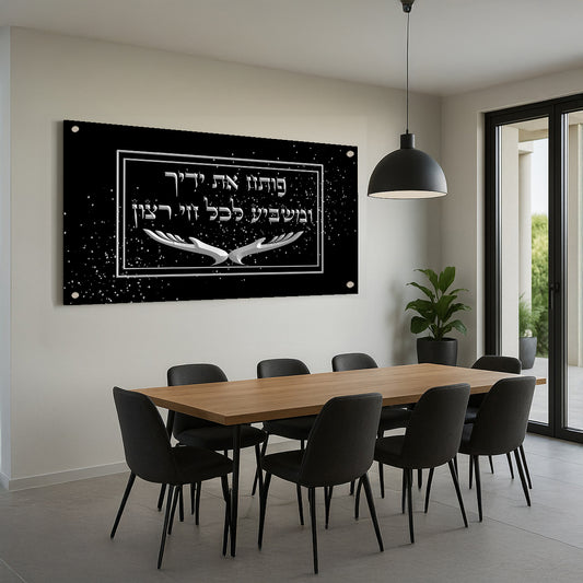 ברכת פותח את ידיך בעיצוב כסף על רקע שחור עם ניצוצות – תמונת זכוכית יוקרתית