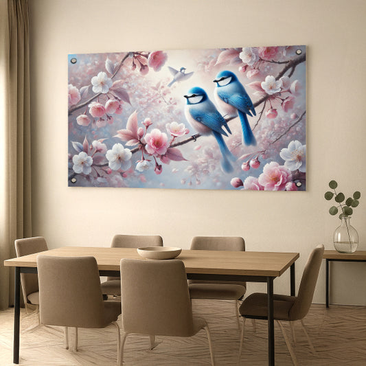 זוג ציפורים כחולות בין פרחי שקד – תמונות נוי