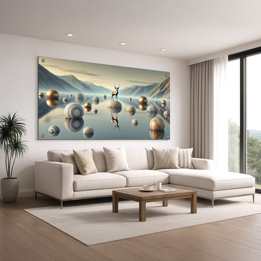 תמונות זכוכית אייל הרים בגווני כחול וזהב בעיצוב מודרני