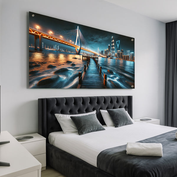 תמונת זכוכית גשר מואר בלילה