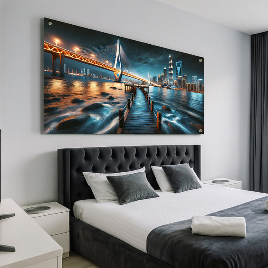 תמונת זכוכית גשר מואר בלילה