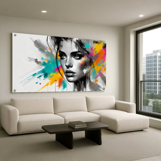 דיוקן נשי מודרני עם צבעים חדים על זכוכית