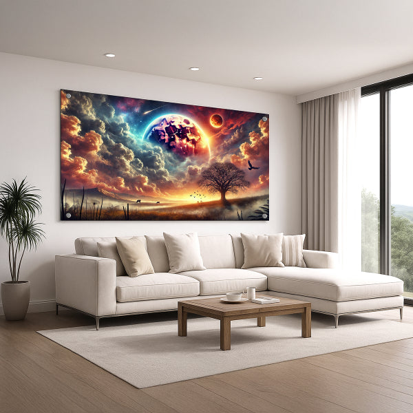 עץ בודד מול שקיעה קוסמית – תמונות זכוכית