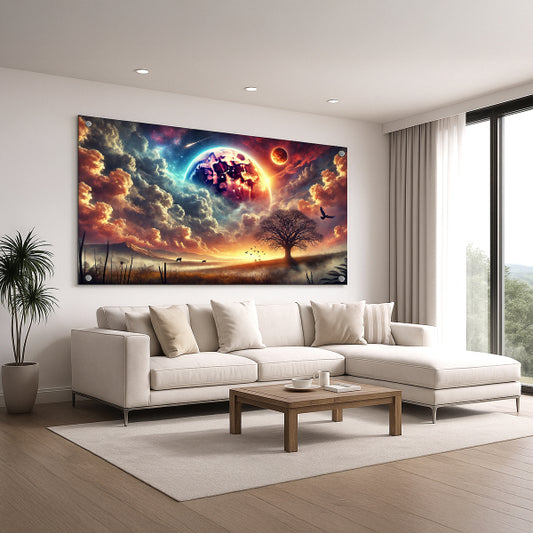 עץ בודד מול שקיעה קוסמית – תמונות זכוכית