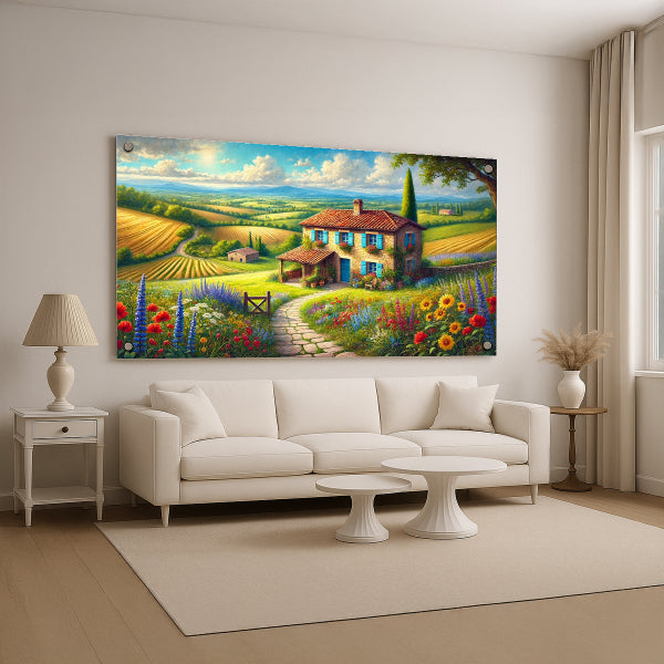 תמונת זכוכית בית כפרי בשדות פורחים