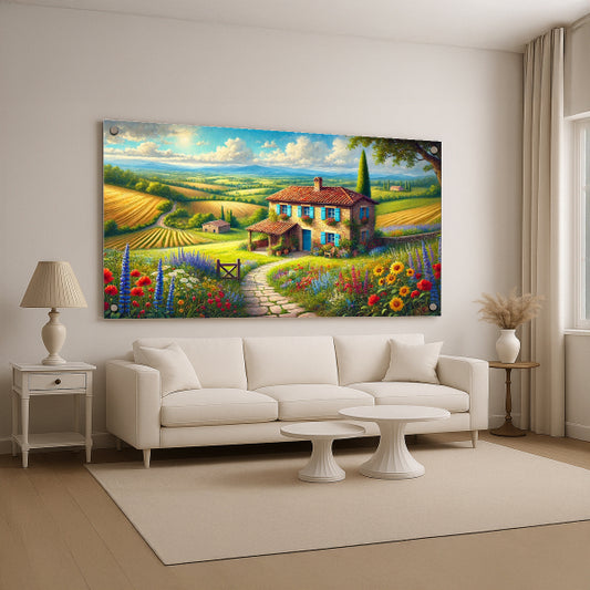 תמונת זכוכית בית כפרי בשדות פורחים