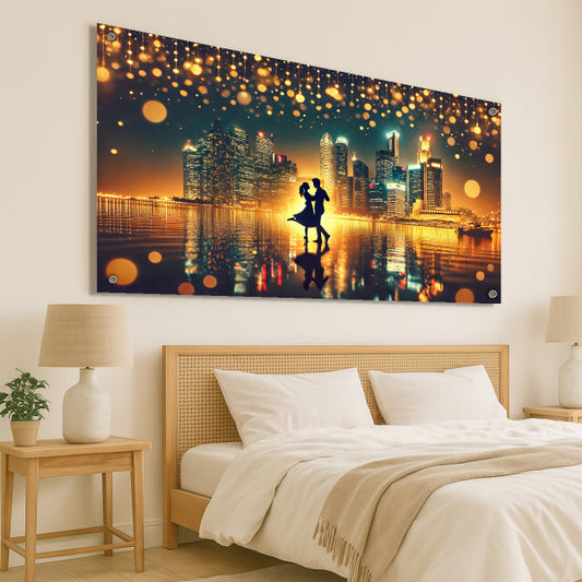 תמונת זוג רוקד מול העיר המוארת
