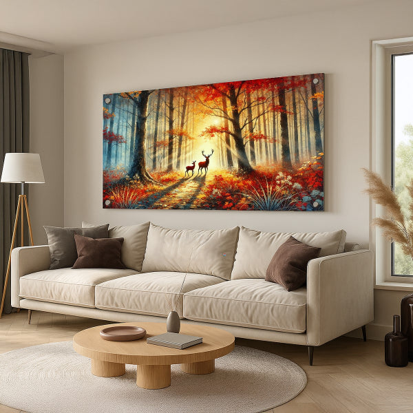 תמונות זכוכית איילים ביער סתיו זהוב