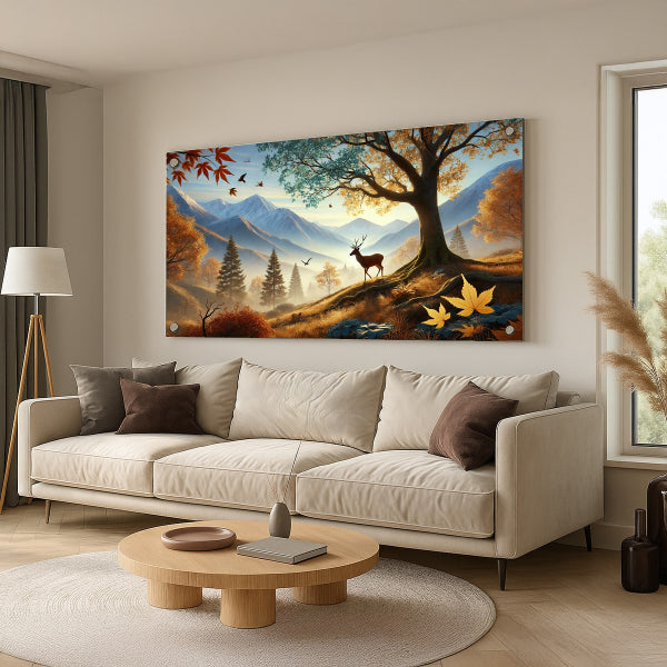 תמונות זכוכית אייל באור השקיעה בין עצי הסתיו