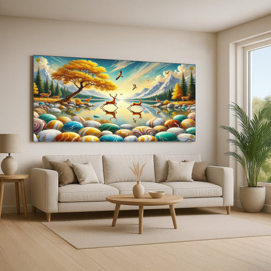 תמונות זכוכית איילים על רקע נוף צבעוני ואגם זהוב