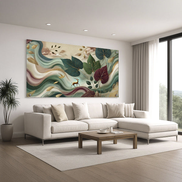 תמונת זכוכית אייל בין עלים צבעוניים – תמונות זכוכית מודרניות לבית