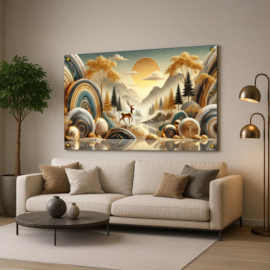 תמונות זכוכית אייל בזריחה בין הרים מוזהבים