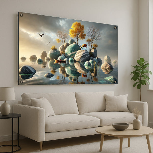 איילים על אי באגם שלווה – תמונות זכוכית