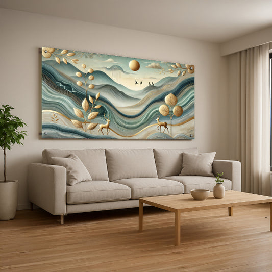 תמונת זכוכית איילים ונוף הרים זהוב