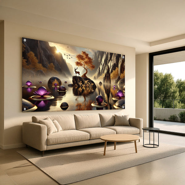 תמונות זכוכית איילים בנוף זהוב עם פרחי סגול