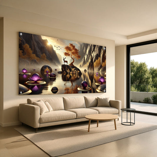 תמונות זכוכית איילים בנוף זהוב עם פרחי סגול