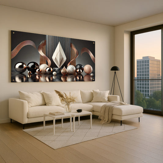 תמונת זכוכית יוקרתית בעיצוב יהלום מוזהב וכדורי מתכת מבריקים